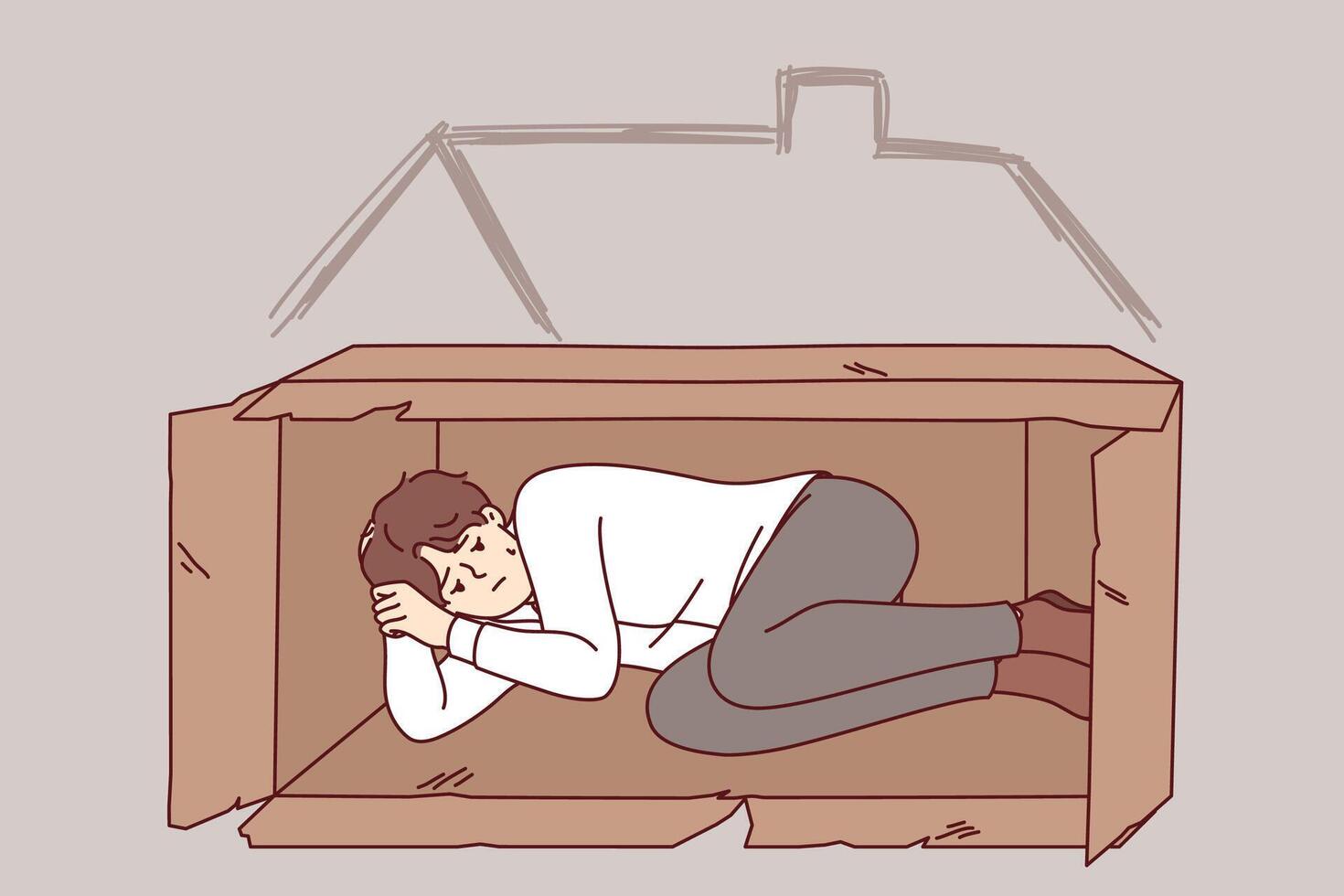 Homeless man sleeps in box on street after being fired from job due to labor market crisis vector