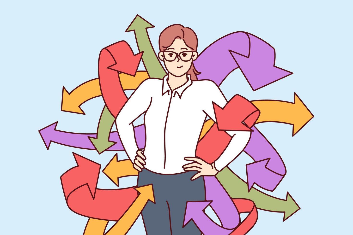 Successful business woman with arrows symbolizing many social connections or ability to multitask vector