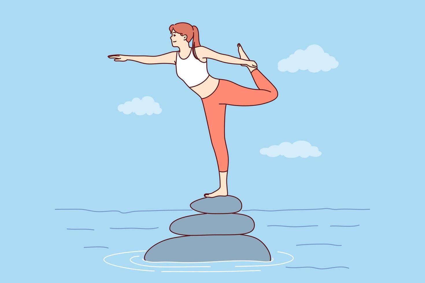 Woman does pilates or yoga, standing on river rocks on one leg, maintaining perfect balance vector