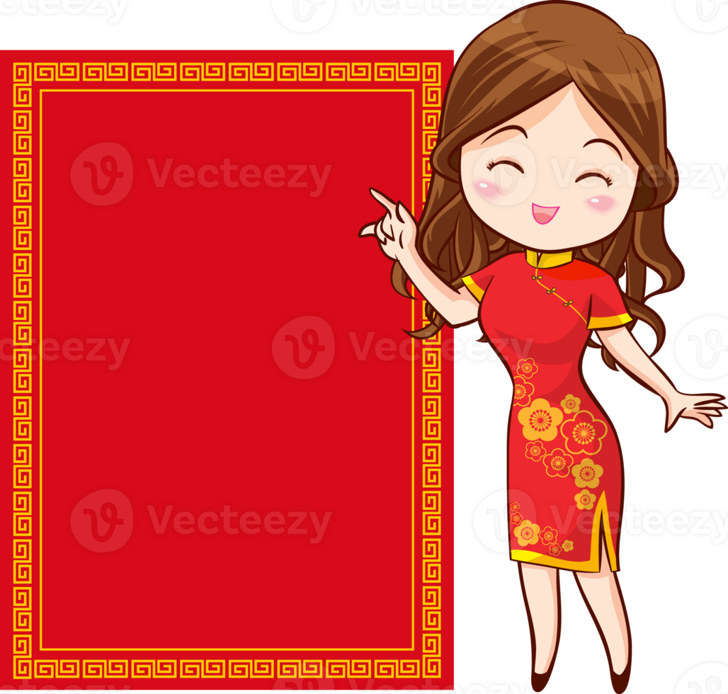Beautiful chinese woman in traditional gown with signboard presents png