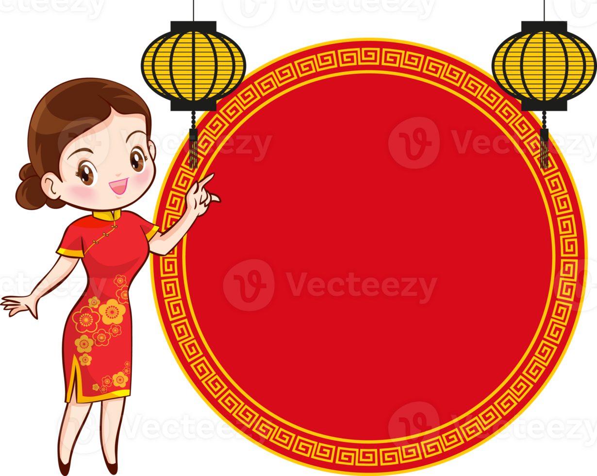 Beautiful chinese woman in traditional gown with signboard presents png