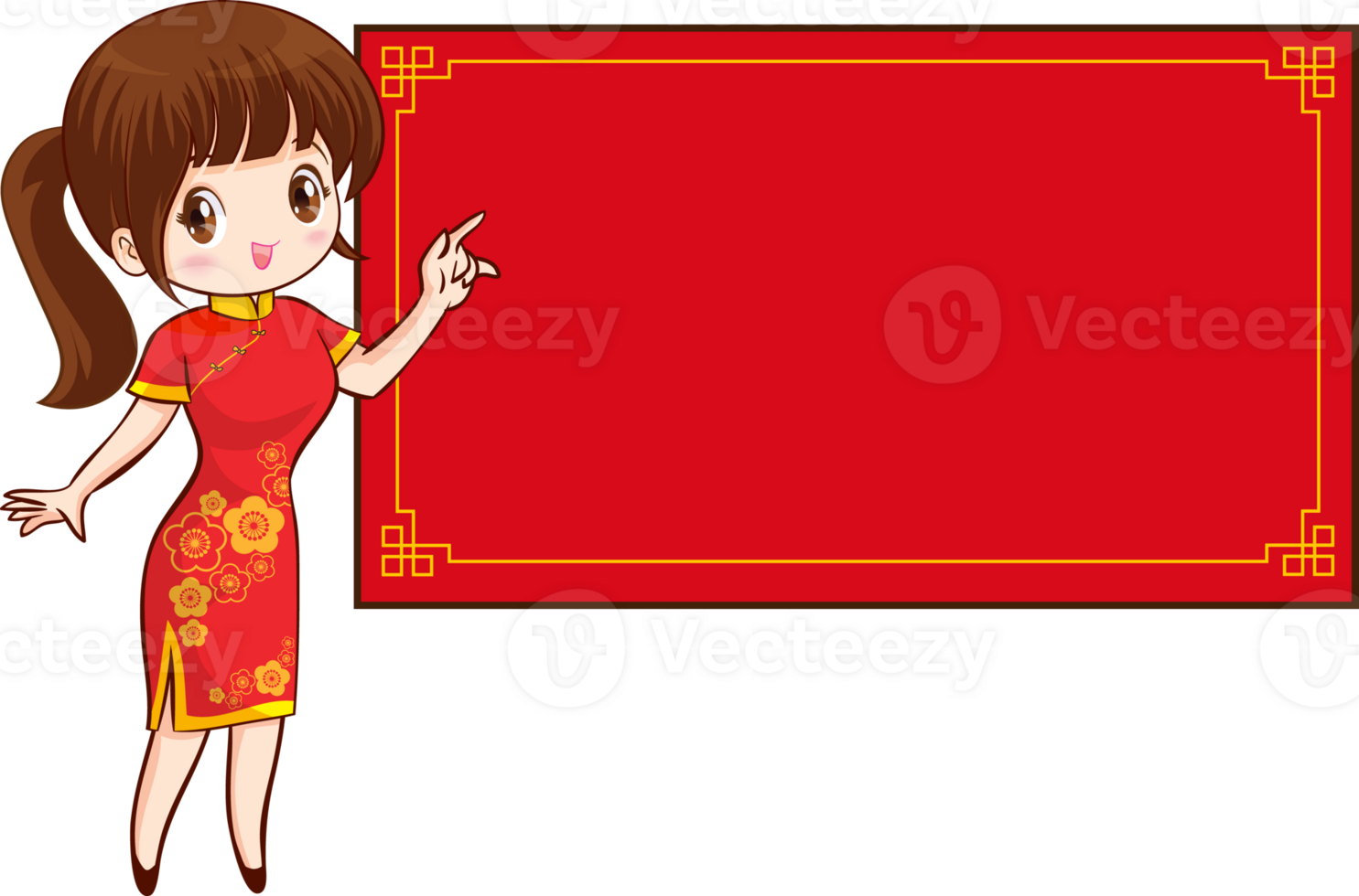 Beautiful chinese woman in traditional gown with signboard presents png