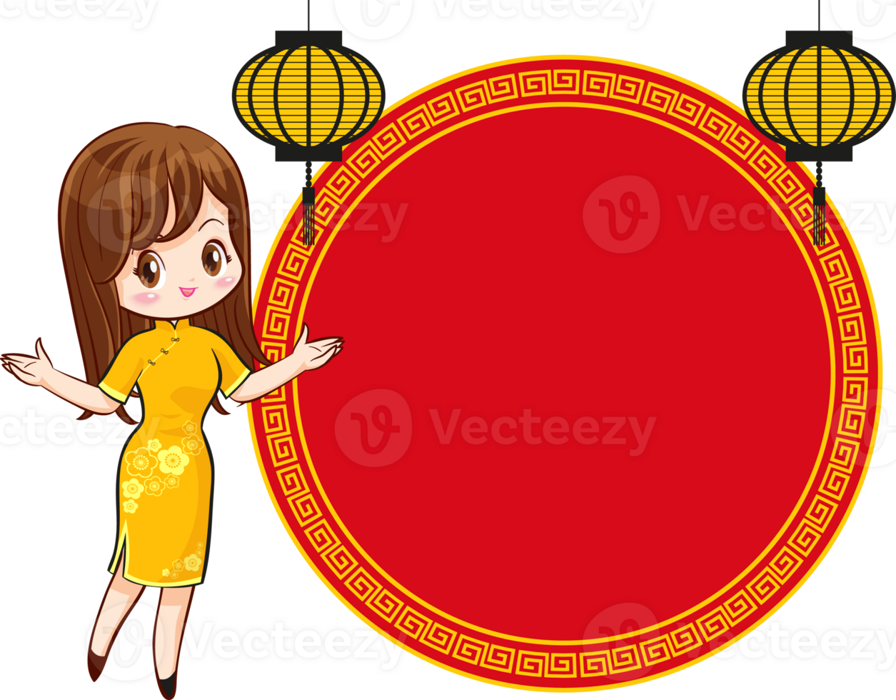 Beautiful chinese woman in traditional gown with signboard presents png