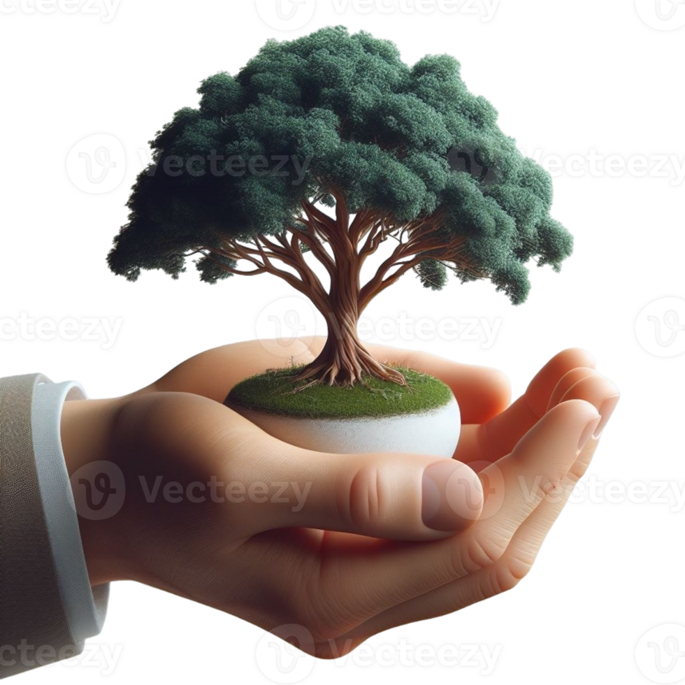 AI generated hand holding a small tree png