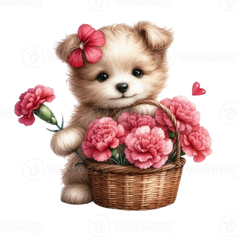 AI generated a puppy with flowers in a basket png