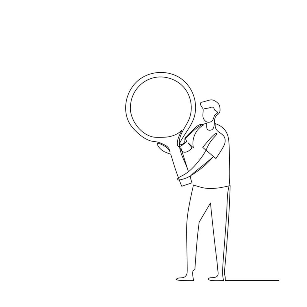 Businessman searching data using huge magnifying glass. Business data search and analysis for a solution illustration and concept. Continuous line drawing design vector