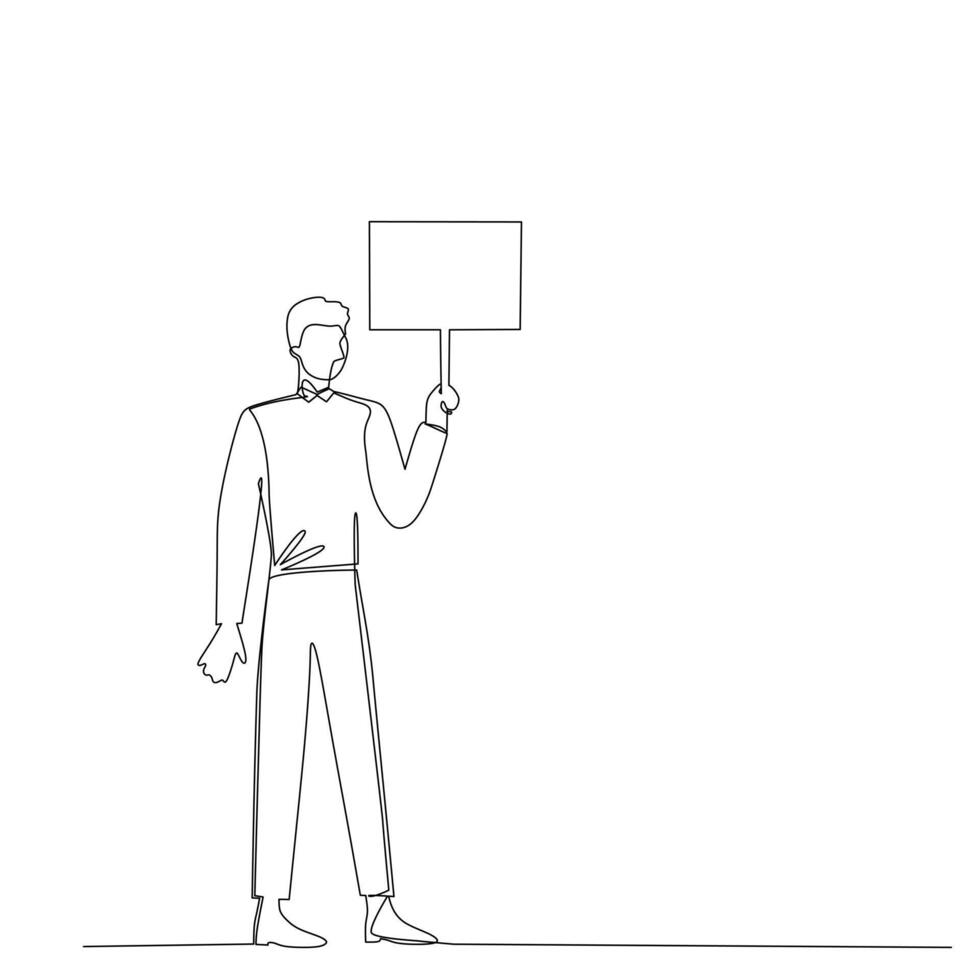 Businessman standing with a placard holding a banner in his hands. Social protest and demonstrations. One continuous drawing line, logo single hand drawn art doodle isolated minimal illustration. vector