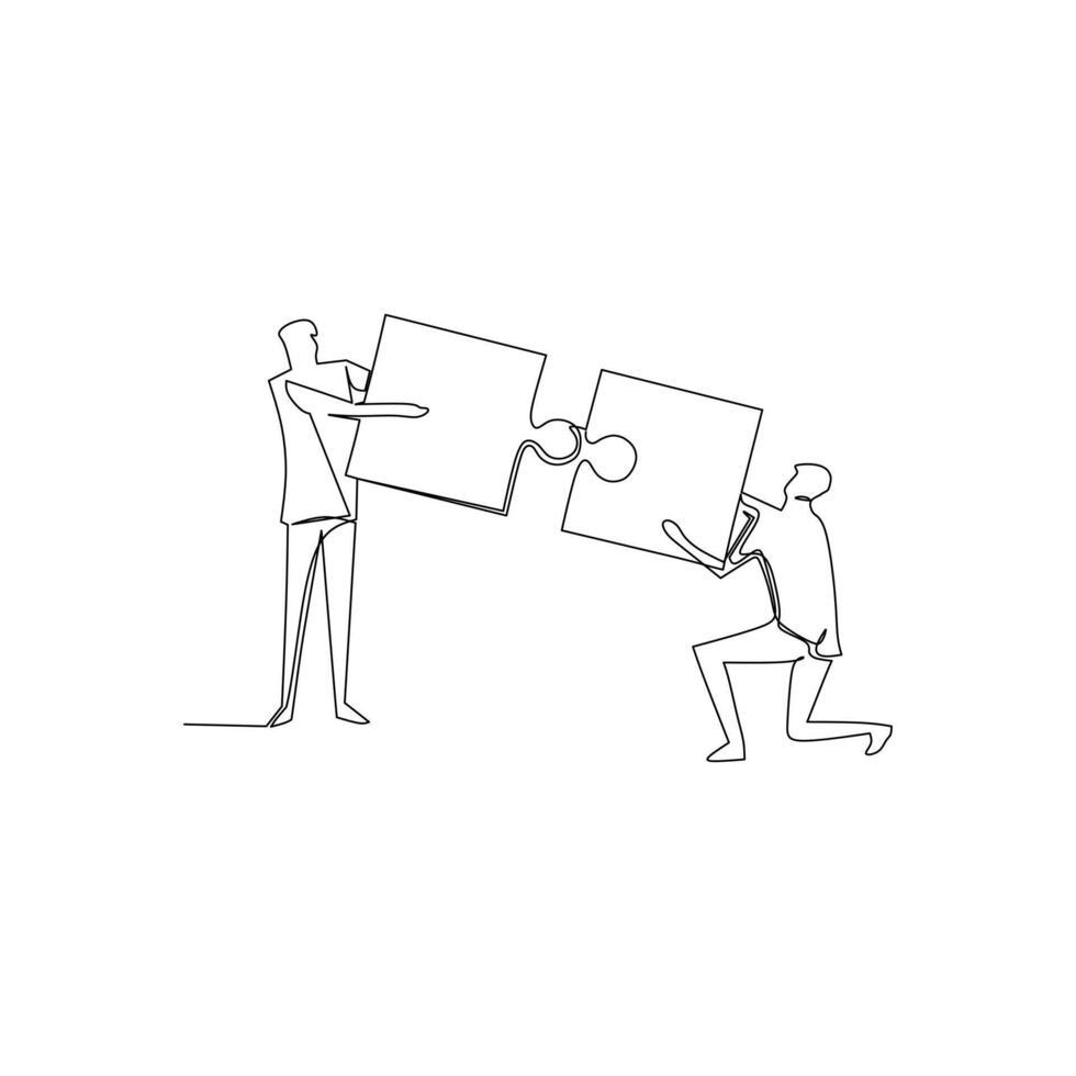 One continuous line drawing of two young entrepreneurs pushing puzzle pieces to put them together as a sign to start business collaboration. Modern unity teamwork concept single line drawing vector