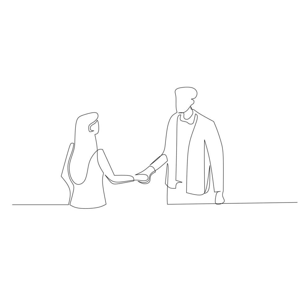 Continuous line drawing of businessman and businesswoman handshake to deal a big project. Business meeting at office concept. Single line drawing design, vector graphic illustration