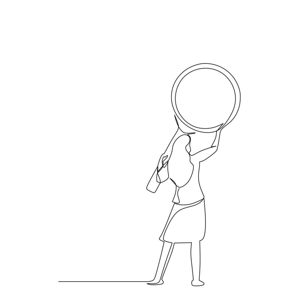 Continuous one line drawing businesswoman standing holding  giant magnifier. Concept of searches, analyzes, finds all the necessary data in business. Single line draw design vector illustration