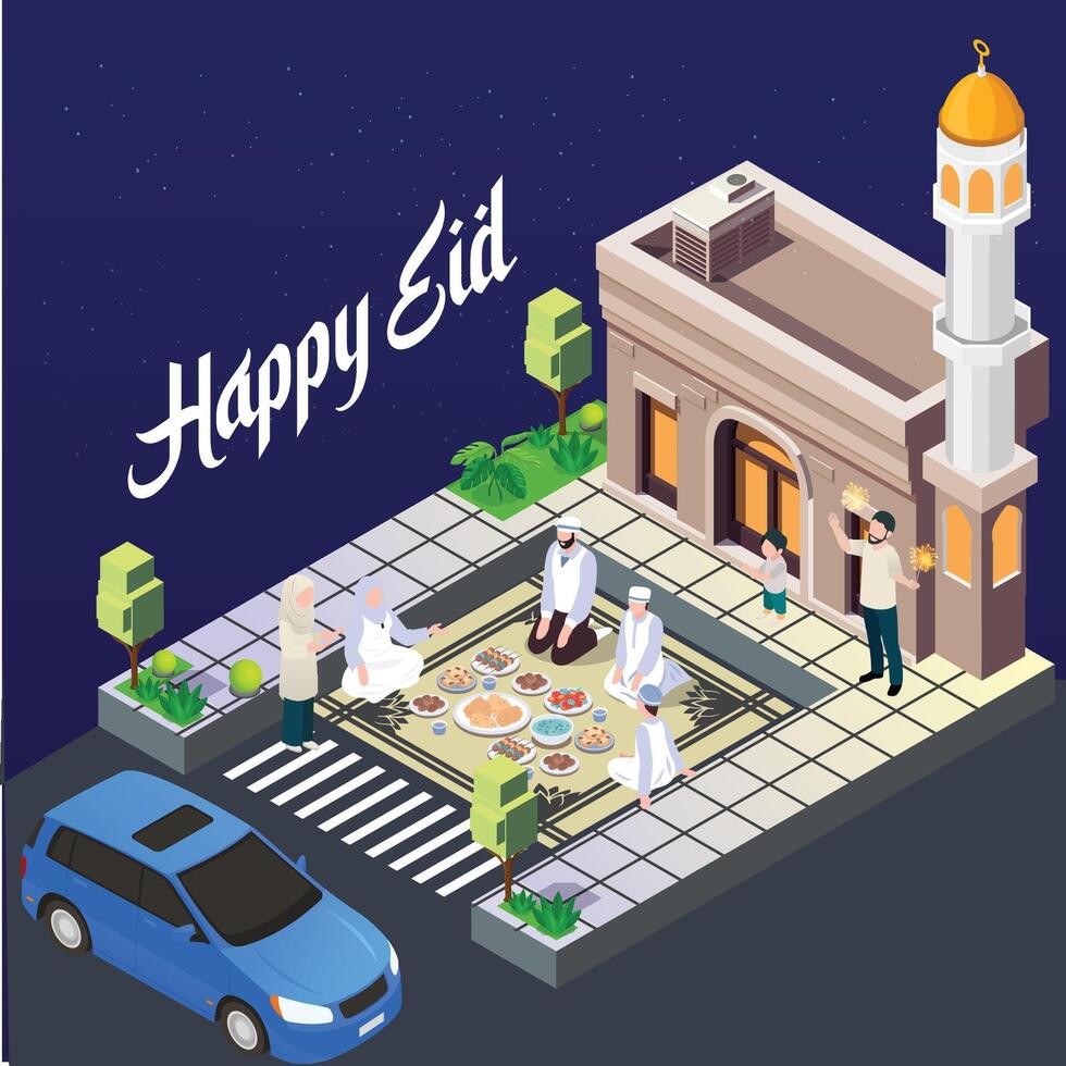 3d illustration ramadan kareem eating with family. in  sidewalk with food and drinks on the table lit by lanterns. Suitable for Diagrams, Infographics, Book Illustration vector