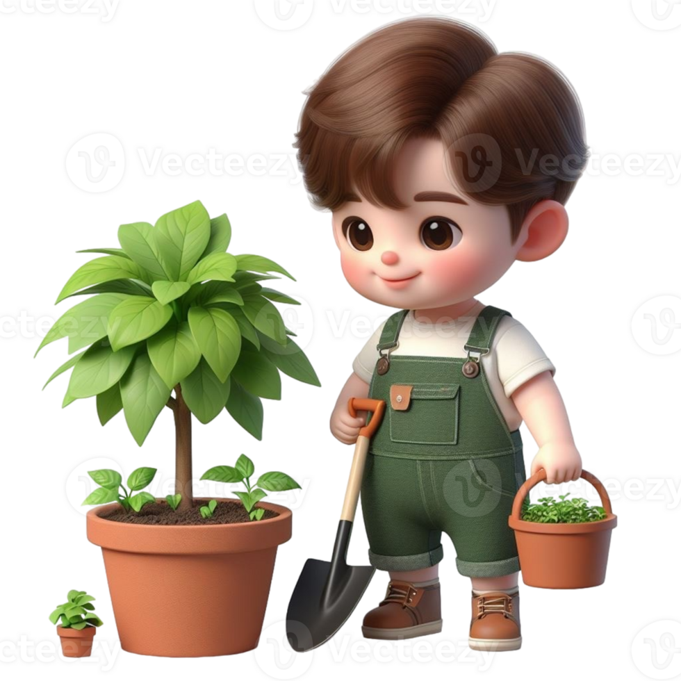 AI generated cartoon boy with a shovel and a plant in a pot png