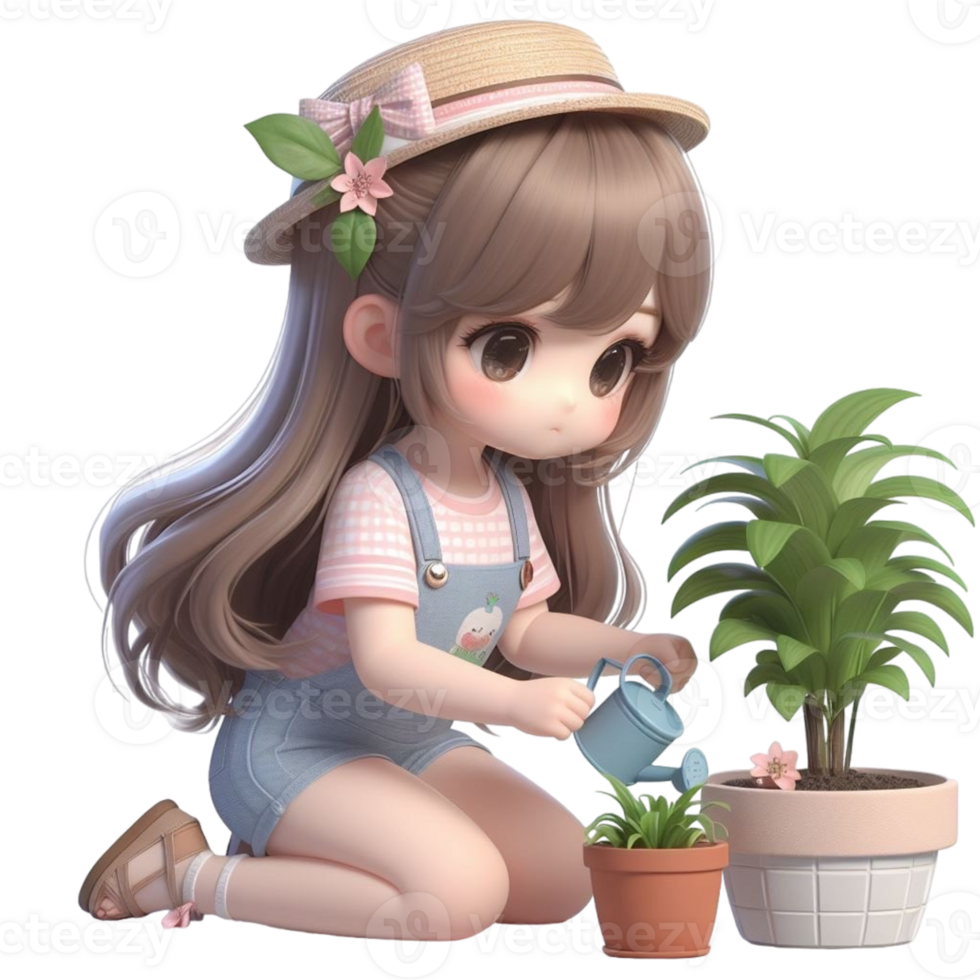 AI generated a cute girl watering plants in a potted plant png