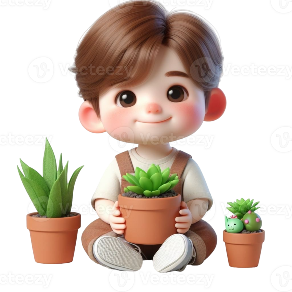 AI generated cartoon child cute with plants and flowers png