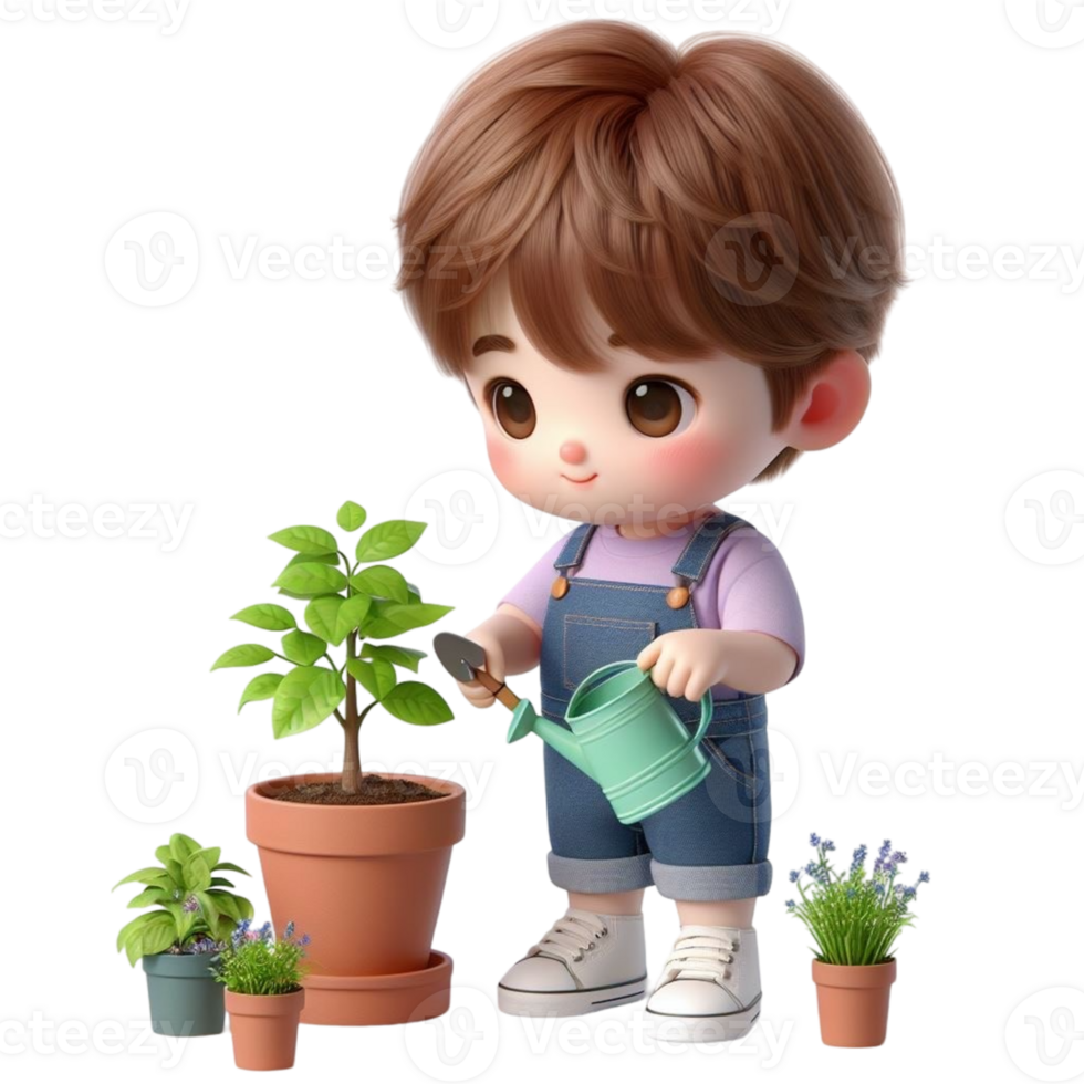 AI generated cartoon boy with a shovel and a plant in a pot png