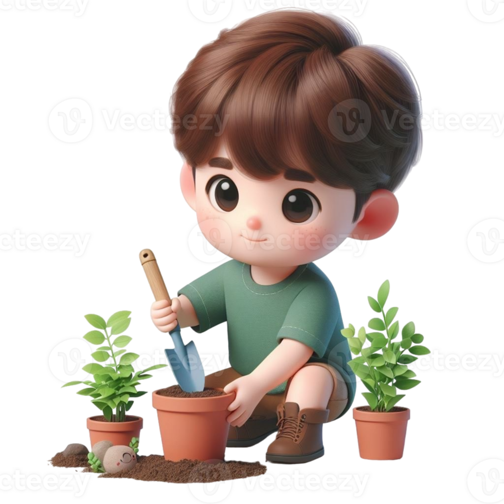 AI generated cartoon boy with a shovel and a plant in a pot png