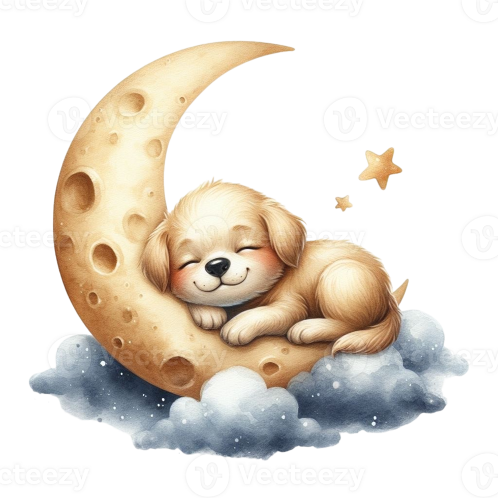 AI generated cute puppy sleeping on the moon png
