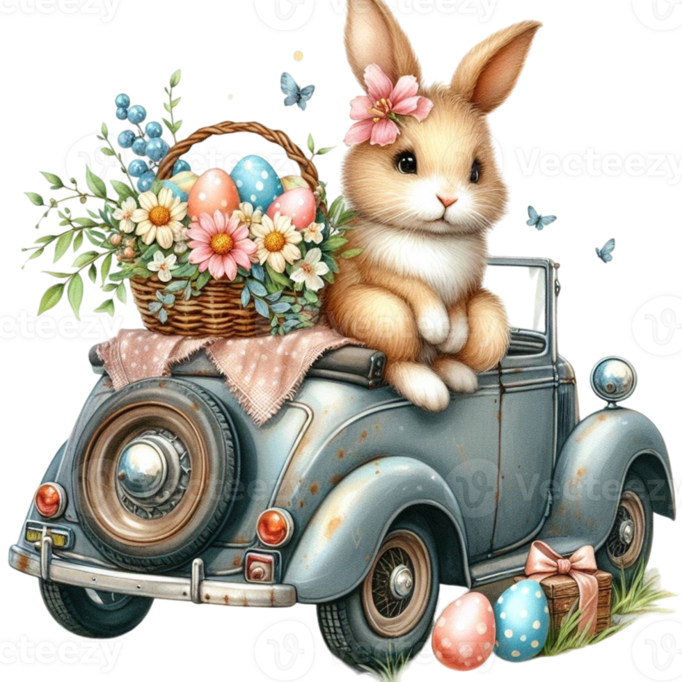 AI generated easter bunny driving an old car with flowers and eggs png