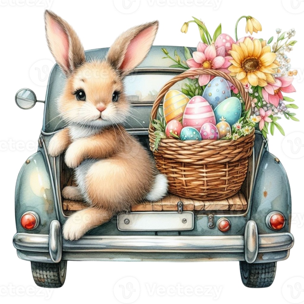 ai generato Pasqua coniglietto guida un vecchio auto con fiori e uova png