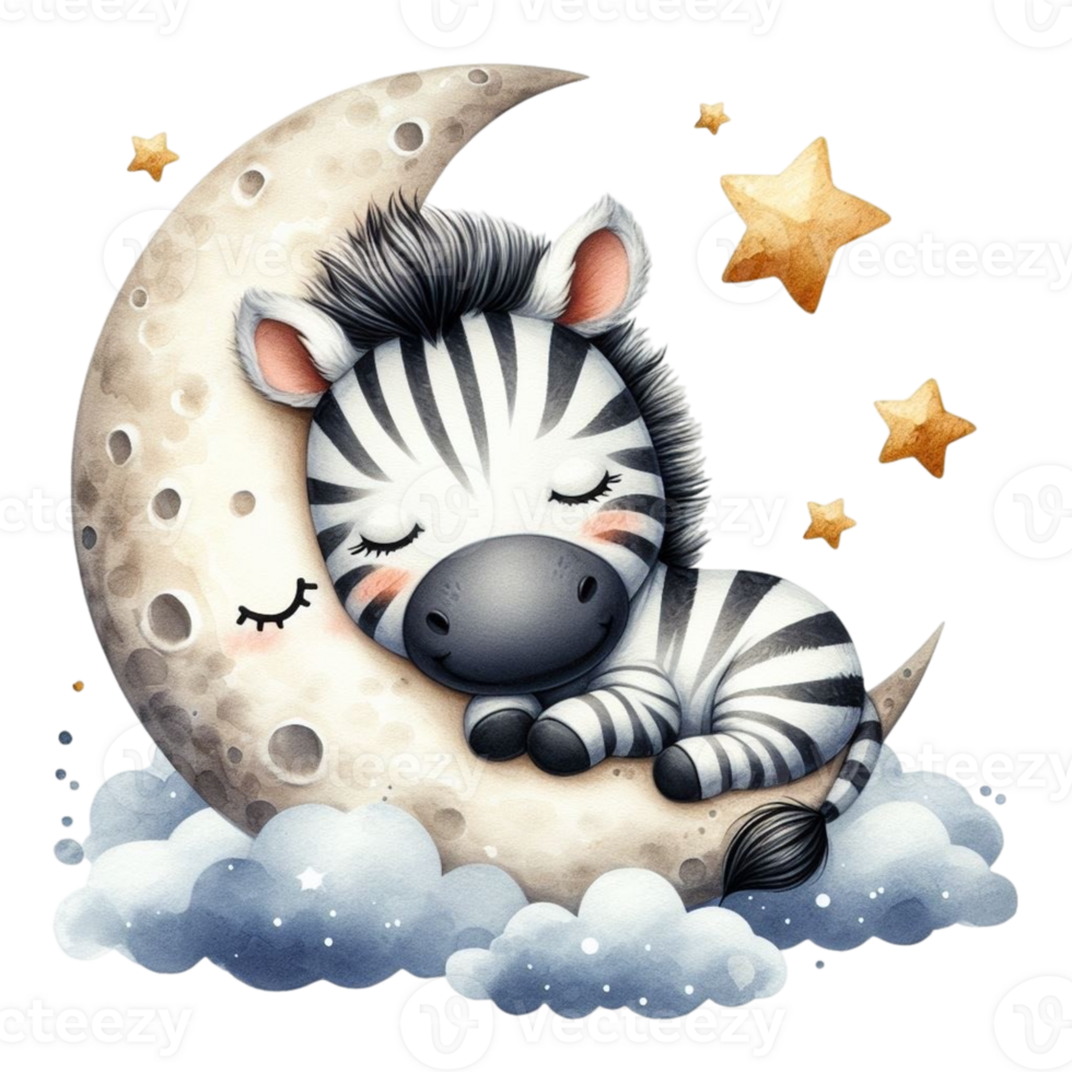 AI generated cartoon zebra sleeping on the moon with stars png
