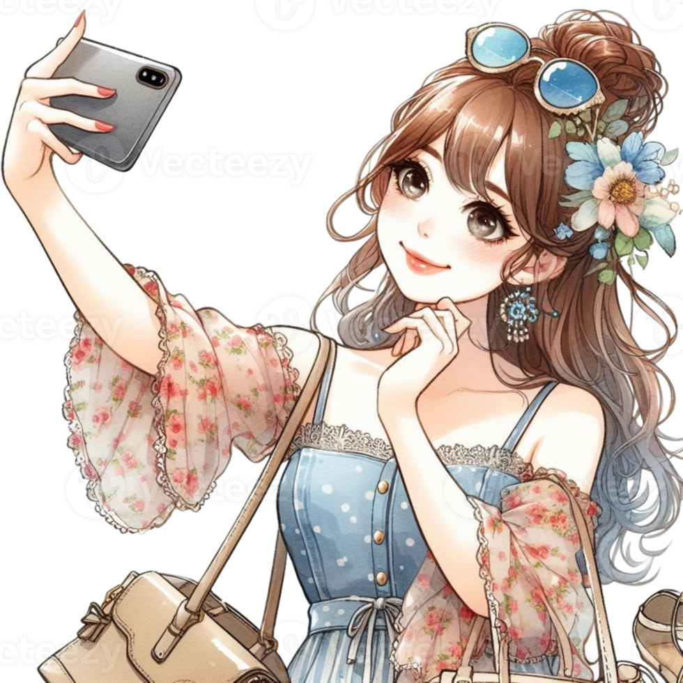 AI generated anime girl taking selfie with her phone png