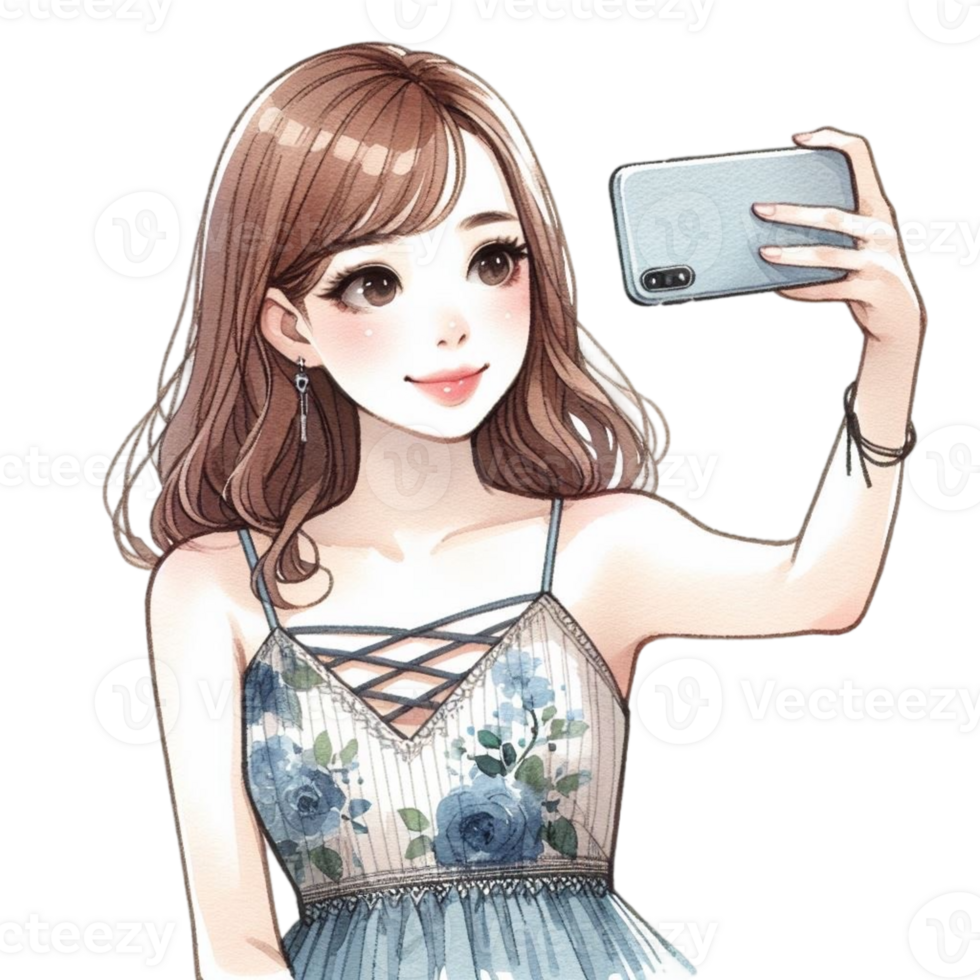 AI generated anime girl taking selfie with her phone png