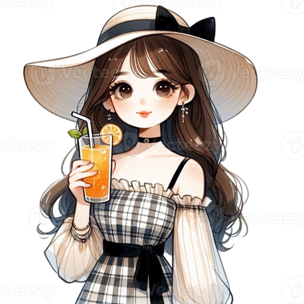 AI generated anime girl holding a drink with orange juice png