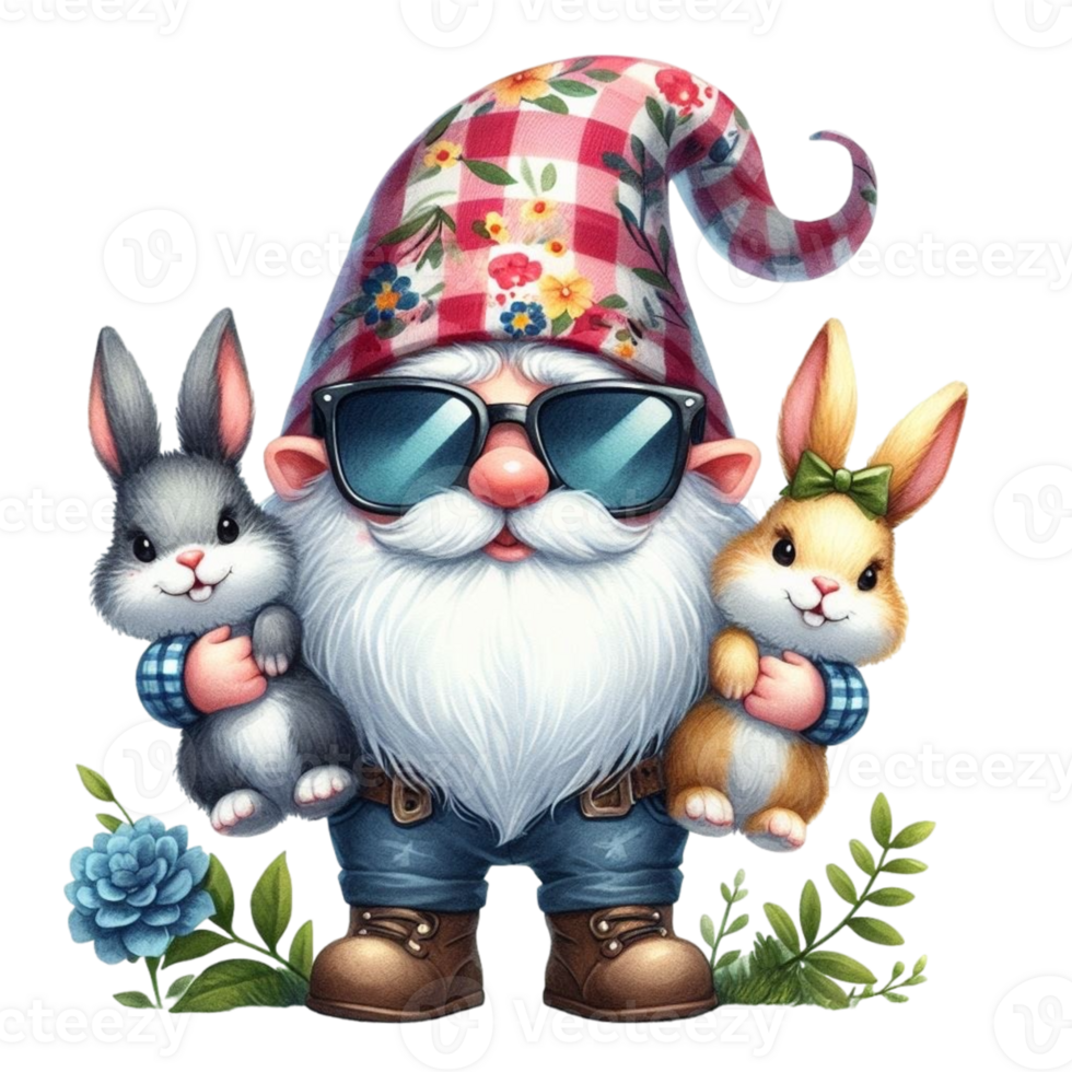 AI generated gnome with bunny and rabbit png