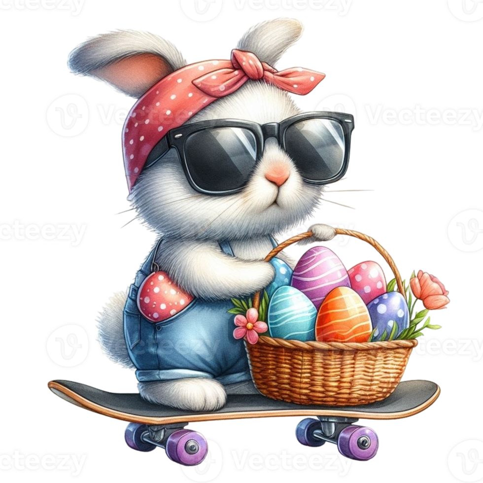AI generated easter bunny riding a skateboard with basket of eggs and flowers png