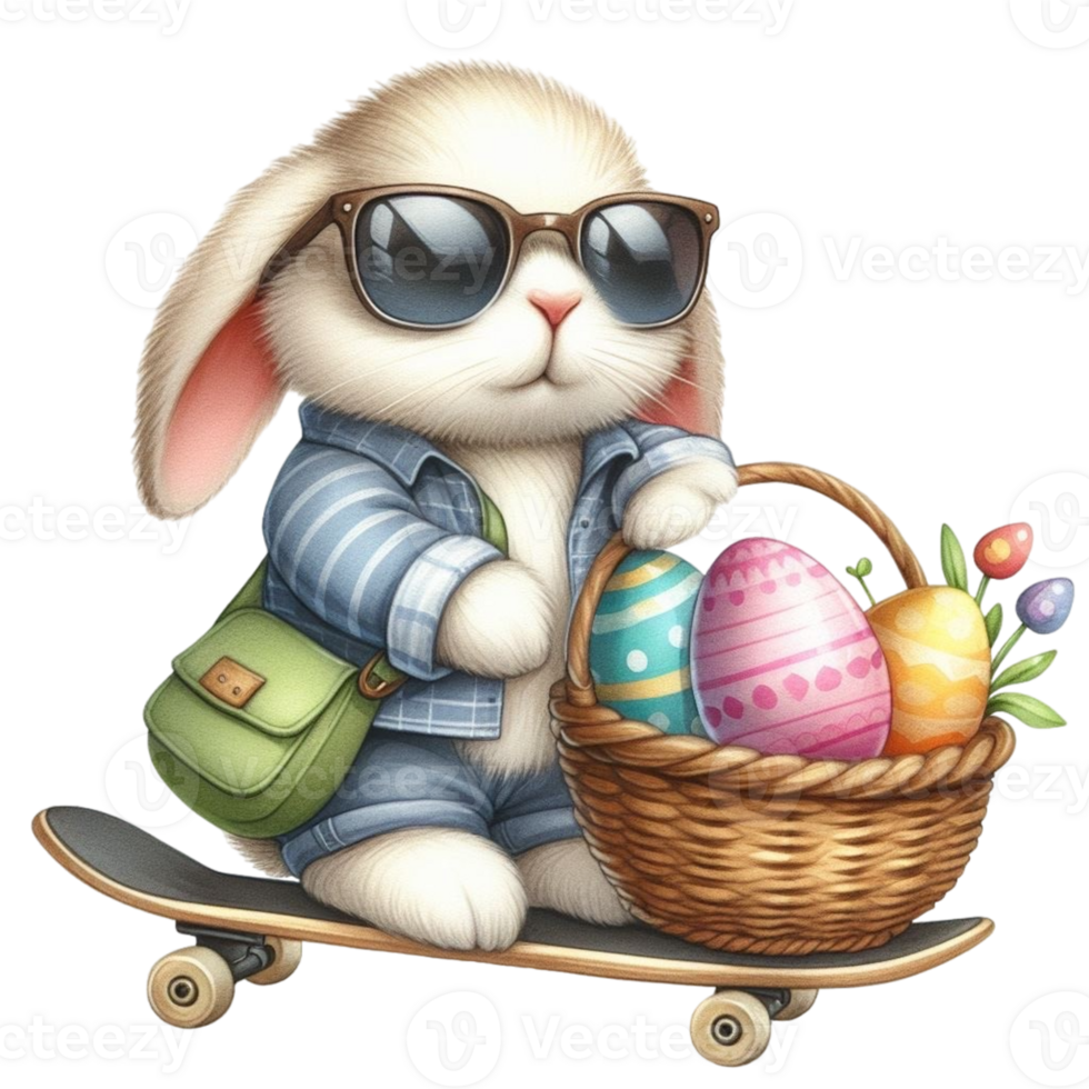 AI generated easter bunny riding a skateboard with basket of eggs and flowers png