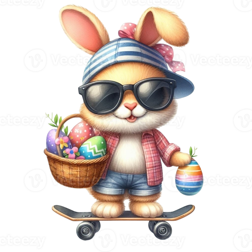AI generated easter bunny riding a skateboard with basket of eggs and flowers png