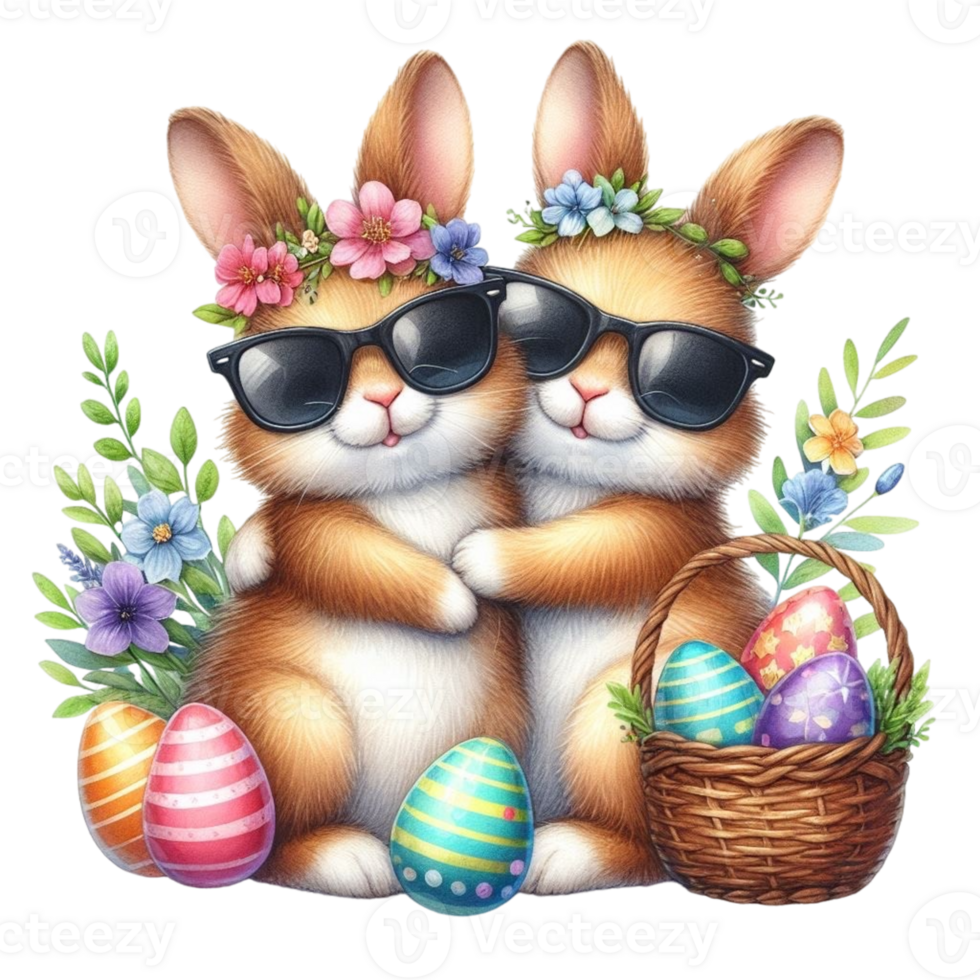 AI generated two cute rabbits with sunglasses and a basket of eggs png