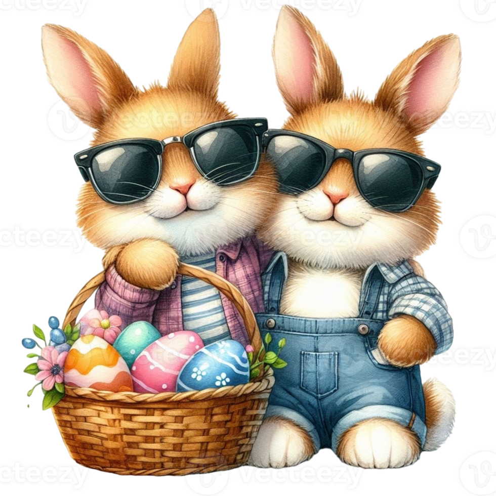 AI generated two cute rabbits with sunglasses and a basket of eggs png