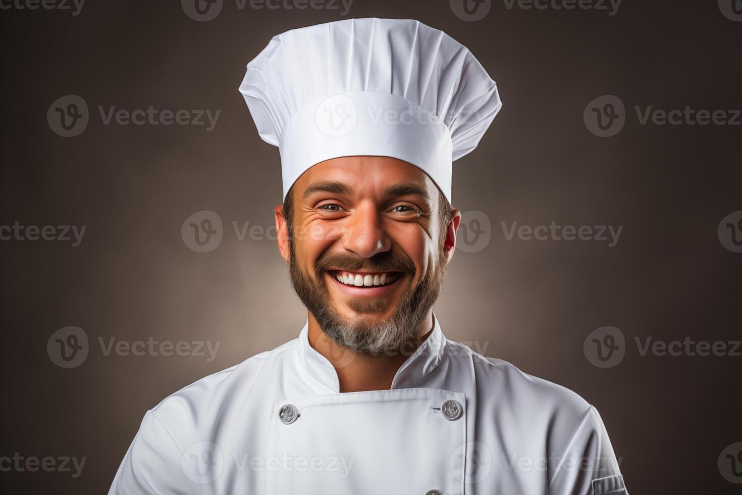 AI generated Chef Man in a White Uniform and Hat on a Studio Background photo