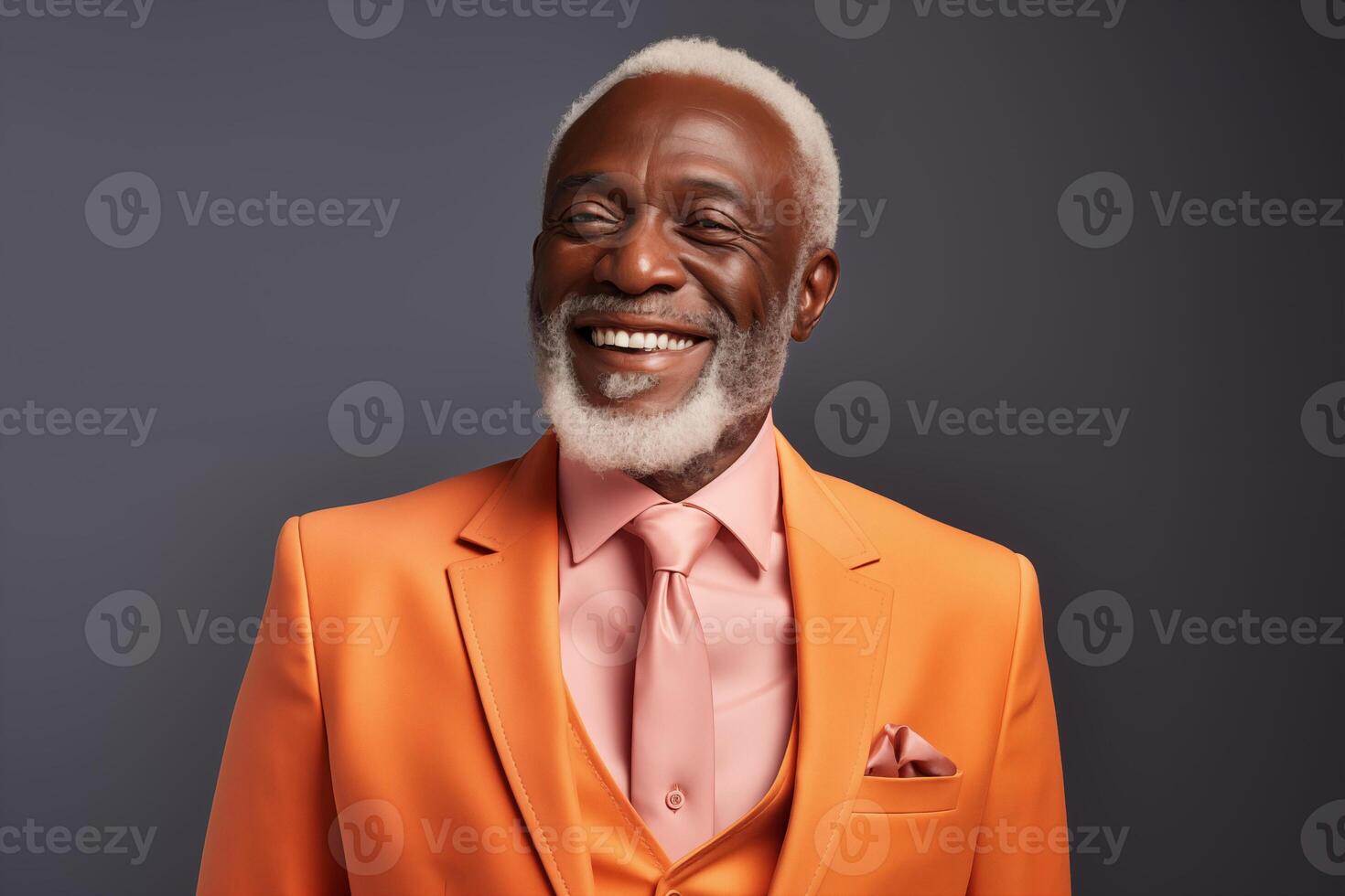 AI generated Happy Black Senior Man in a Stylish Peach Fuzz Suit. Dapper Senior Style photo