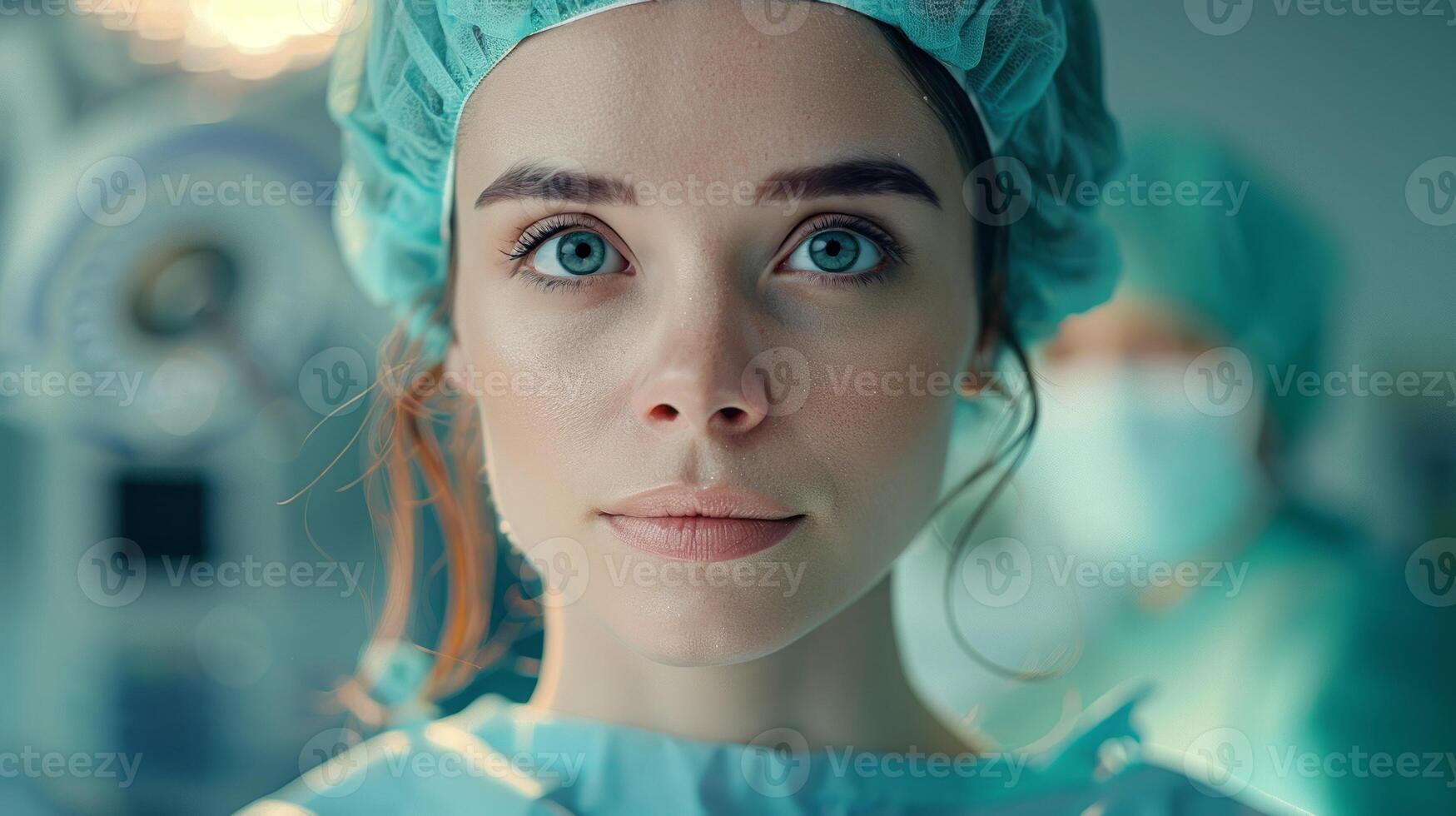 ai generado dedicado médico profesional. retrato de mujer en quirúrgico vestido y el plastico gorra foto