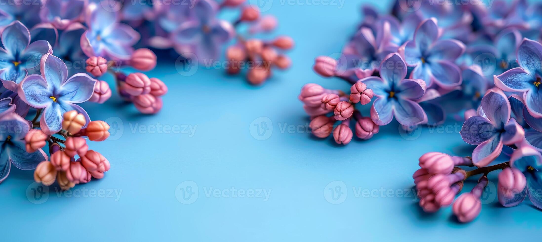 AI generated Lilac flowers double exposure in frame, elegant greeting card template with space for text placement photo