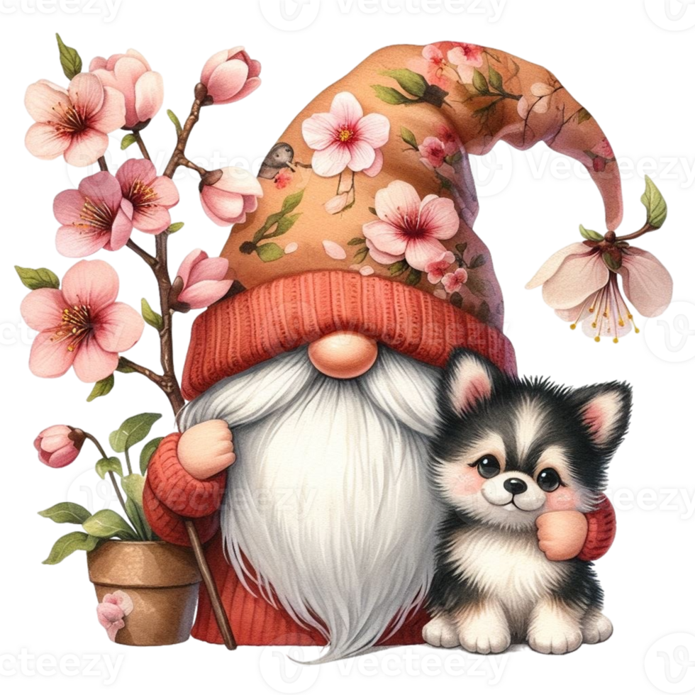 AI generated a cute gnome with a dog and flowers png