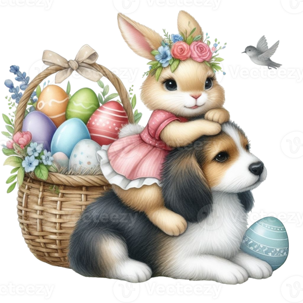 AI generated easter bunny and dog with basket of easter eggs and flowers png
