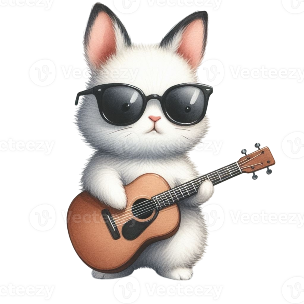 ai generado un linda conejito con Gafas de sol jugando un acústico guitarra png