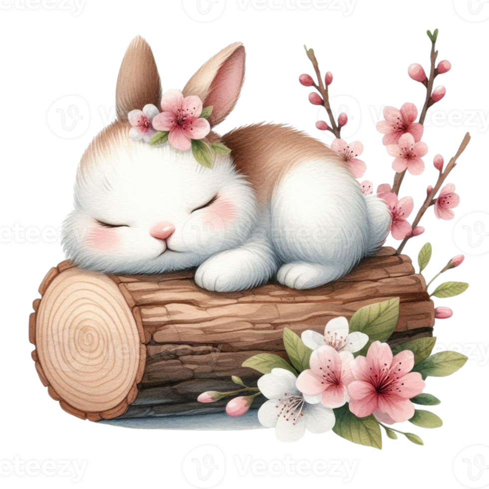 AI generated a cute bunny sleeping on a log with pink flowers png