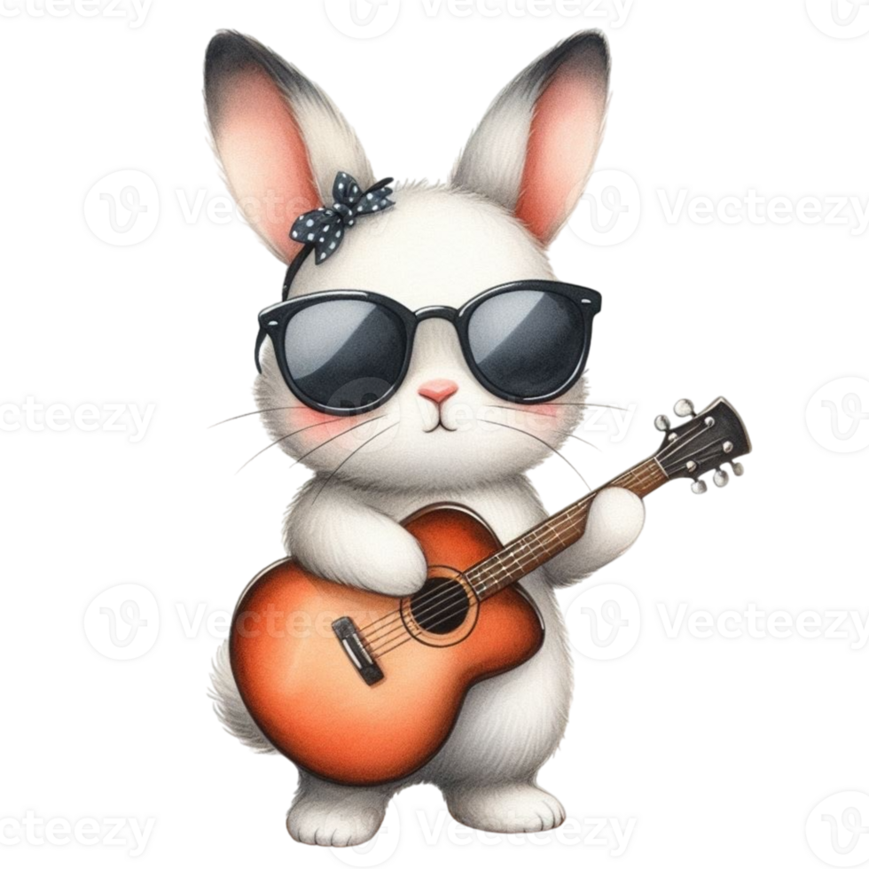 ai generado un linda conejito con Gafas de sol jugando un acústico guitarra png