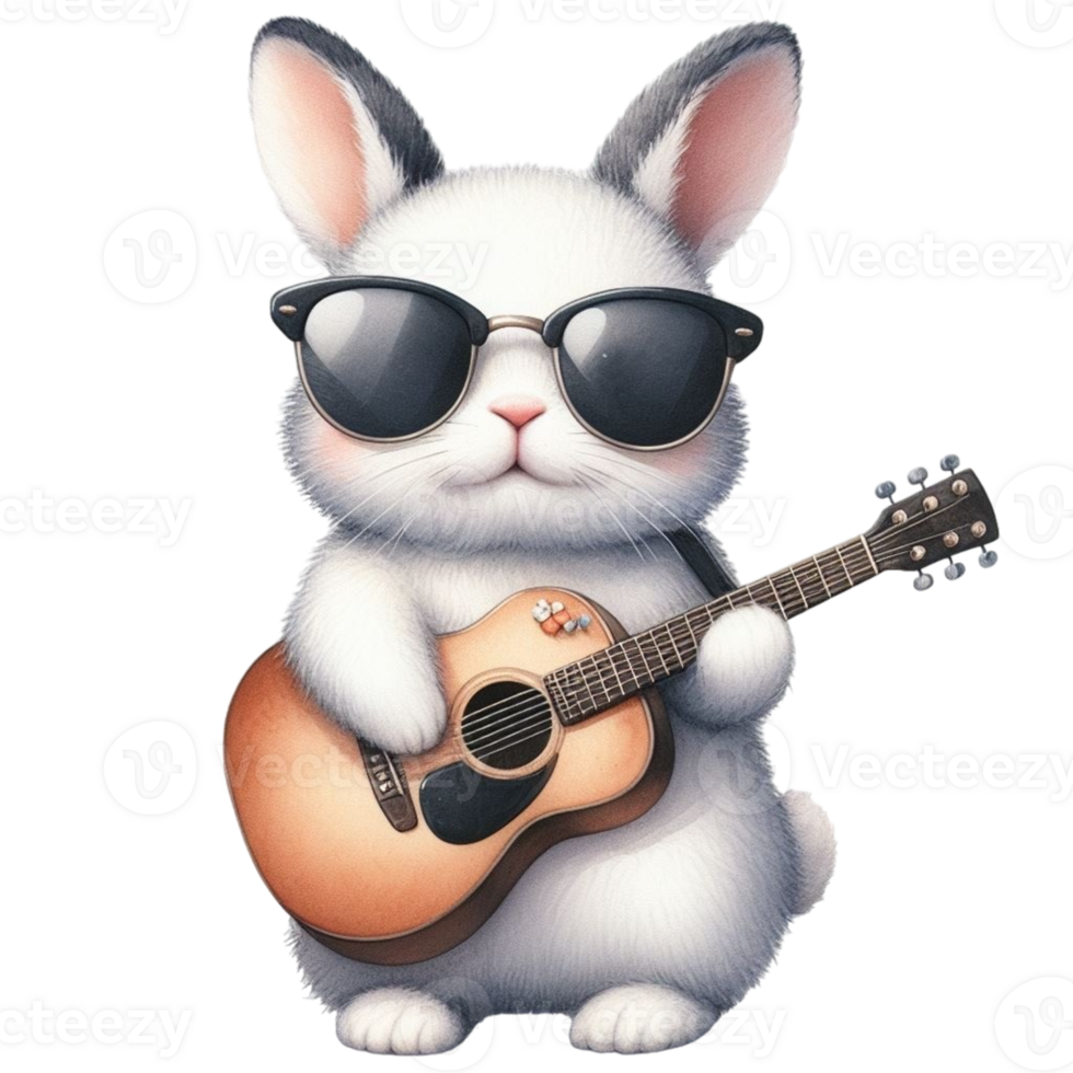 ai generado un linda conejito con Gafas de sol jugando un acústico guitarra png