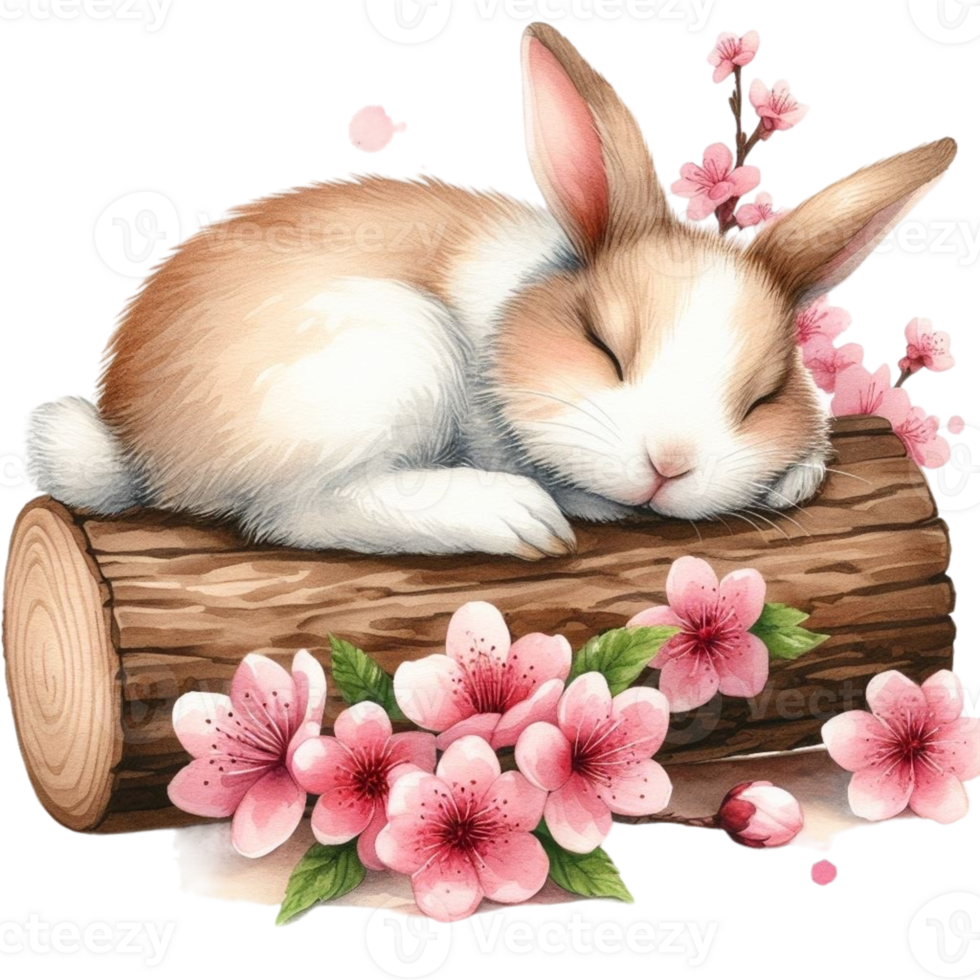 AI generated a cute bunny sleeping on a log with pink flowers png
