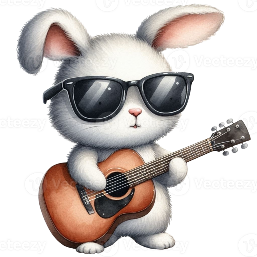 ai generado un linda conejito con Gafas de sol jugando un acústico guitarra png