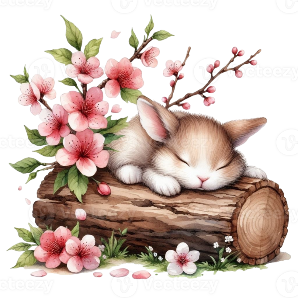AI generated a cute bunny sleeping on a log with pink flowers png