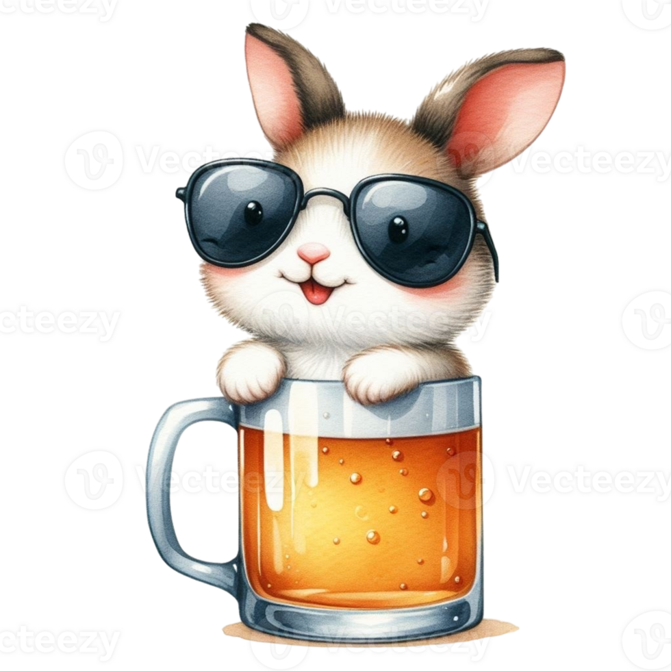 AI generated a cute bunny with sunglasses and a glass of beer png