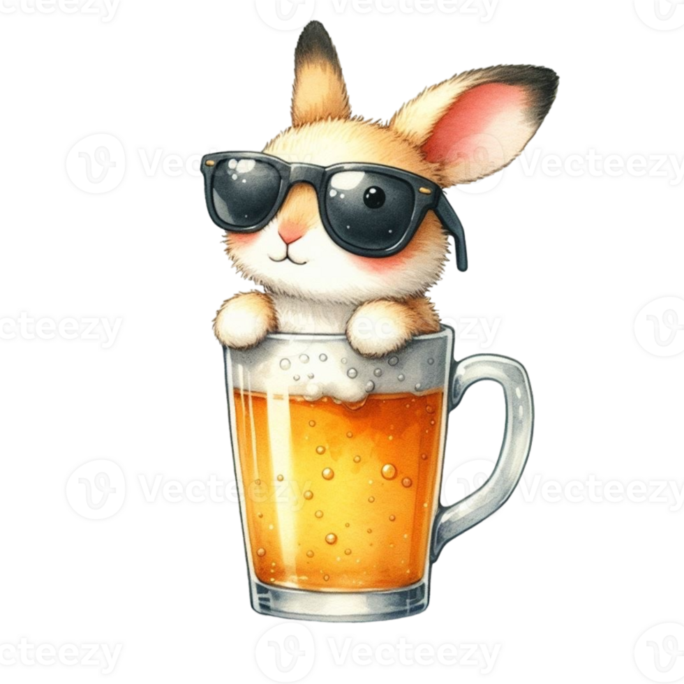 AI generated a cute bunny with sunglasses and a glass of beer png