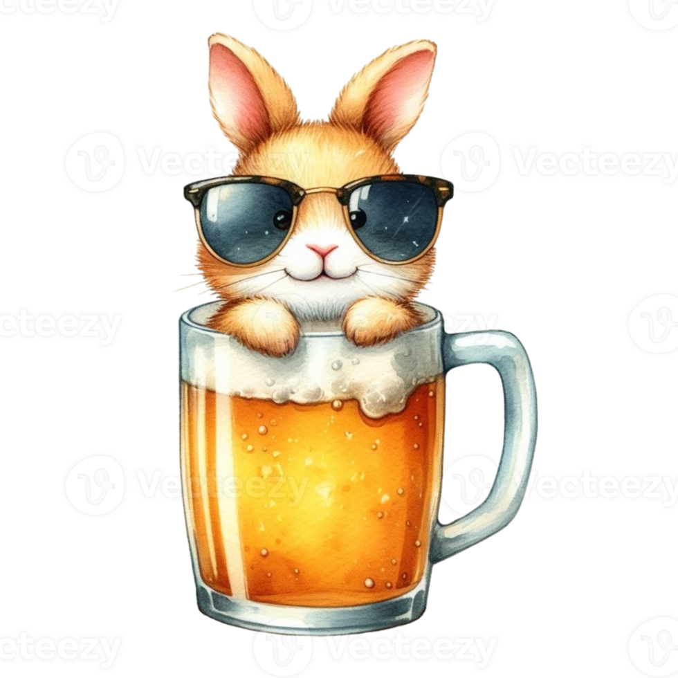 AI generated a cute bunny with sunglasses and a glass of beer png