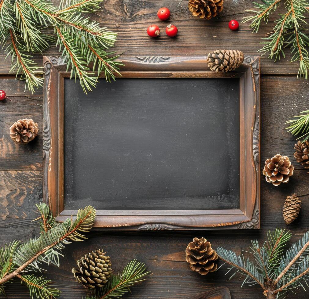 AI generated Chalkboard Surrounded by Pine Cones and Berries photo